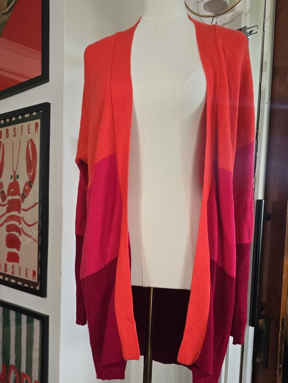 Coldwater Creek Open-Front Colorblock Cardigan in Red and Pink Small